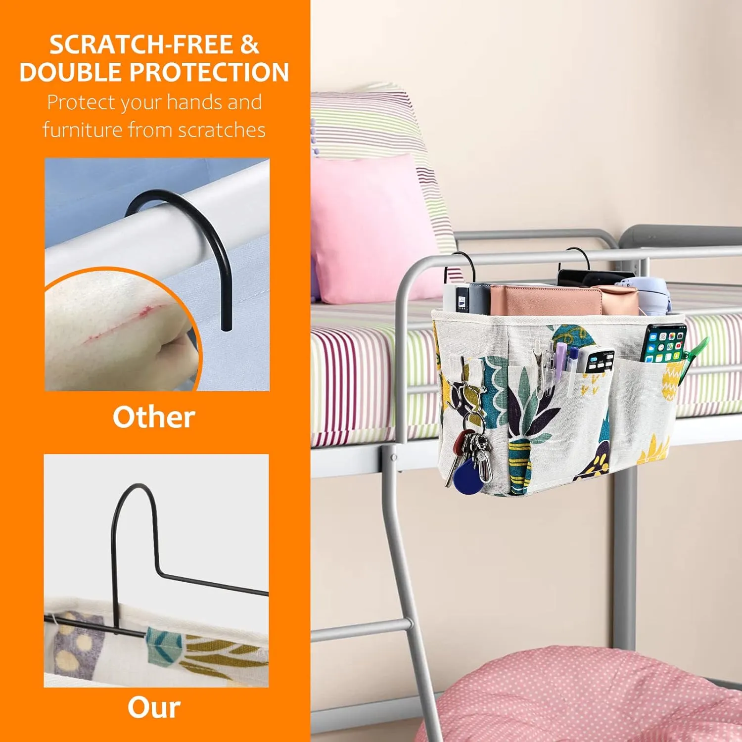 Surblue Bedside Caddy Bedside Storage Bag Hanging Organizer for Bunk, Hospital Beds, Dorm Rooms Bed Rails Camp 4 Pockets and 2 Hooks (Pineapple)