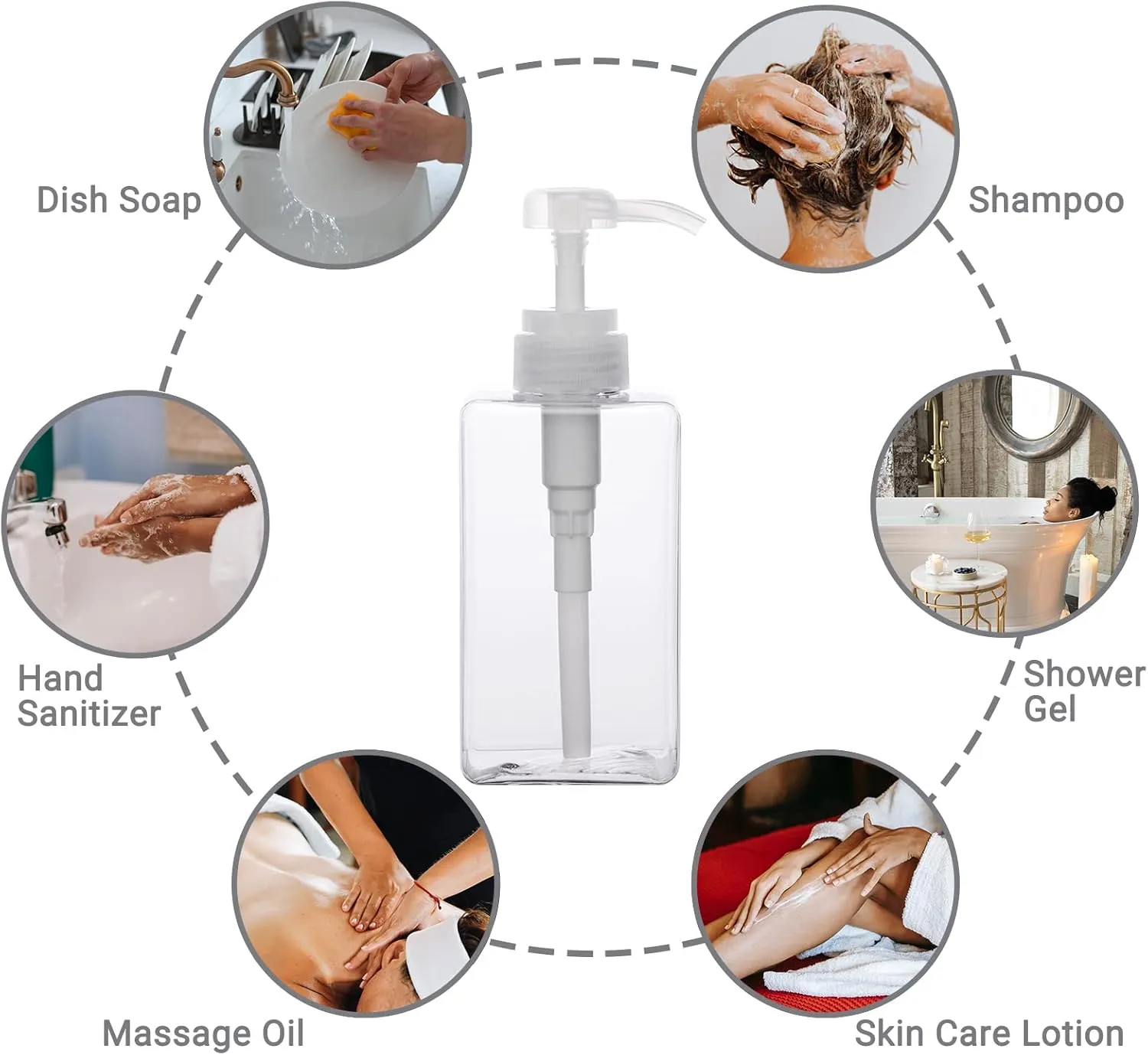 SUREAM Clear Empty Pump Bottles 6 Pack, 15oz/450ml Plastic Refillable Square Containers for Essential Oil Soap Lotion Shampoo Conditioner, Large Hand Pump Dispensers for Bathroom and Kitchen Sink Use