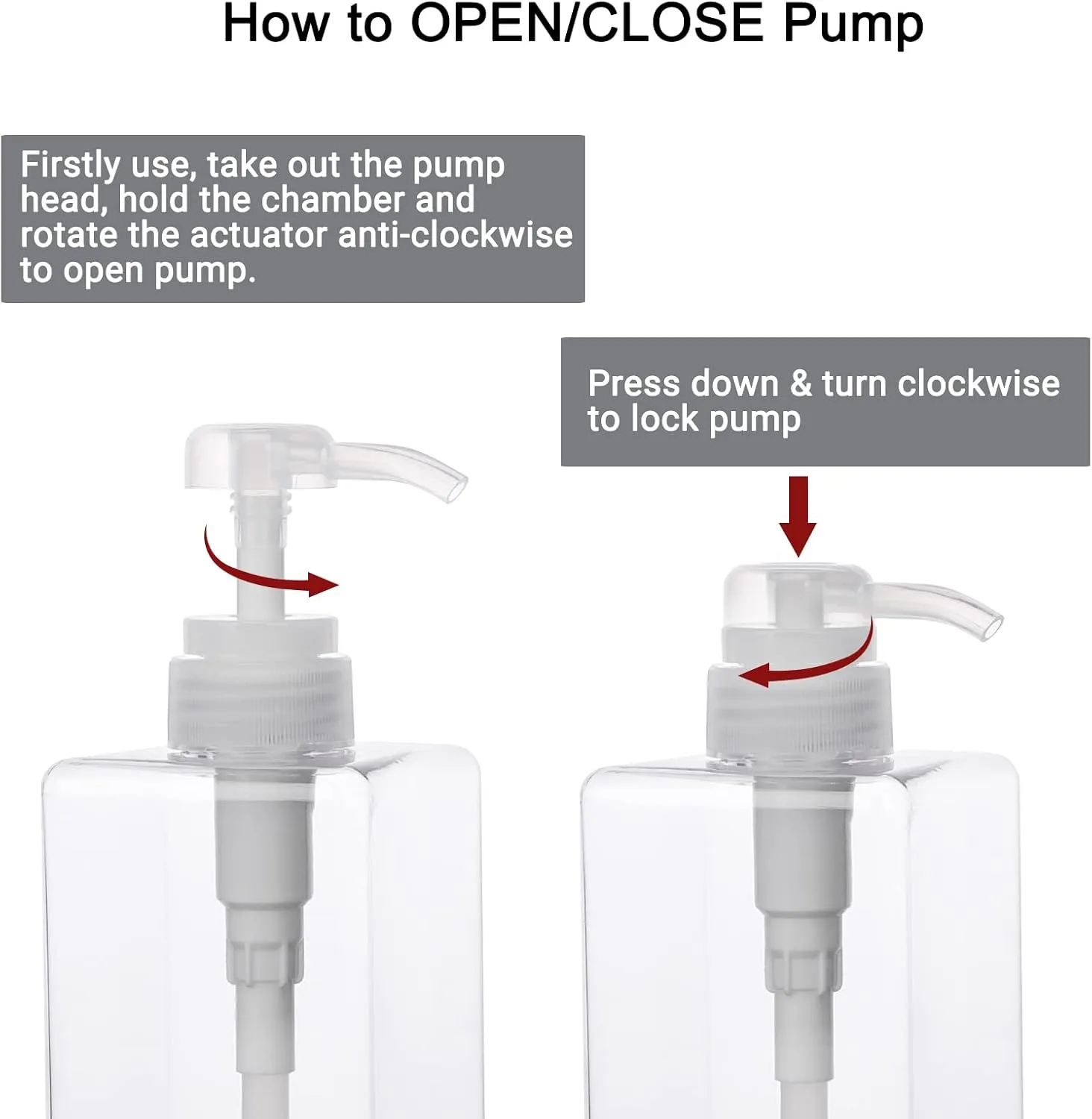 SUREAM Clear Empty Pump Bottles 6 Pack, 15oz/450ml Plastic Refillable Square Containers for Essential Oil Soap Lotion Shampoo Conditioner, Large Hand Pump Dispensers for Bathroom and Kitchen Sink Use
