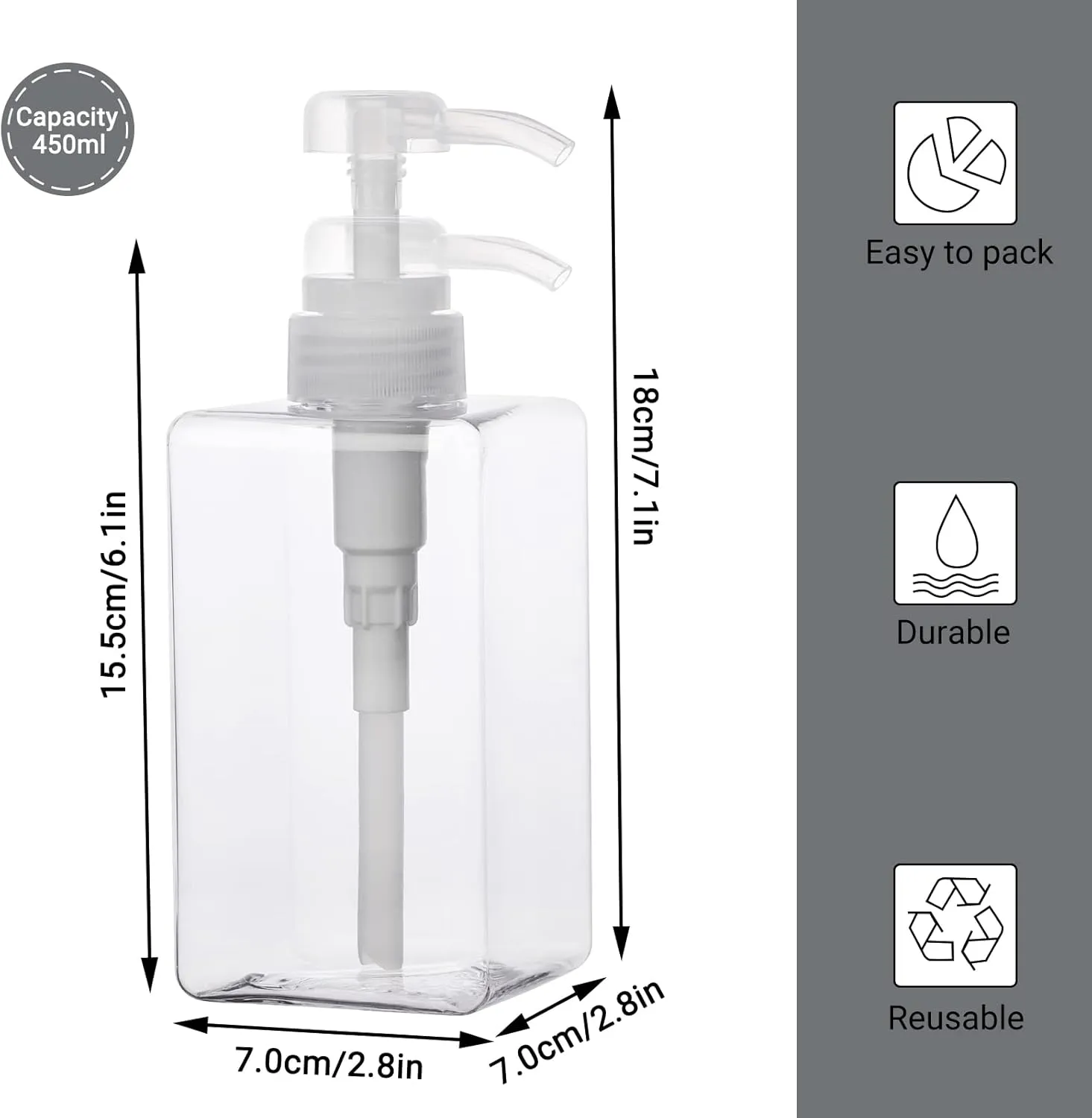 SUREAM Clear Empty Pump Bottles 6 Pack, 15oz/450ml Plastic Refillable Square Containers for Essential Oil Soap Lotion Shampoo Conditioner, Large Hand Pump Dispensers for Bathroom and Kitchen Sink Use