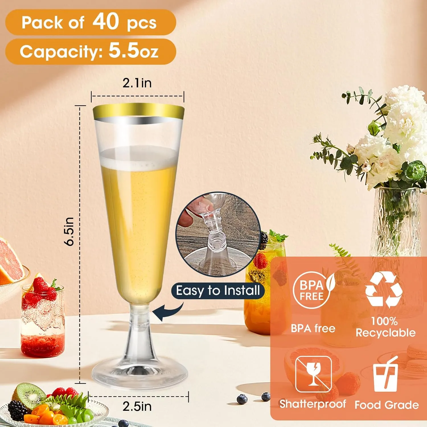 SUREHOME Gold Champagne Flutes Plastic Champagne Glasses Disposable 40 Pack Gold Rim Unbreakable & Crystal Stemware Wedding Toasting Wine Mimosa Glasses Cups Bulk for Birthday Party Supplies 2025