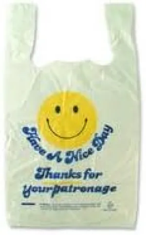 Sweet Paper T16SMILEY Hi Density Plastic Smiley Face T Sacks, 12" x 7" x 22" (T16SMILEY) Category: Carryout Bags
