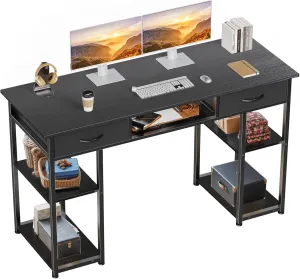 Sweetcrispy Computer Desk - 48 Inch Home Office Bedroom Writing Study PC Table with Fabric Drawers Storage Shelves Space Side Bag Headphone Hook Metal Frame Adjustable Feet, Black