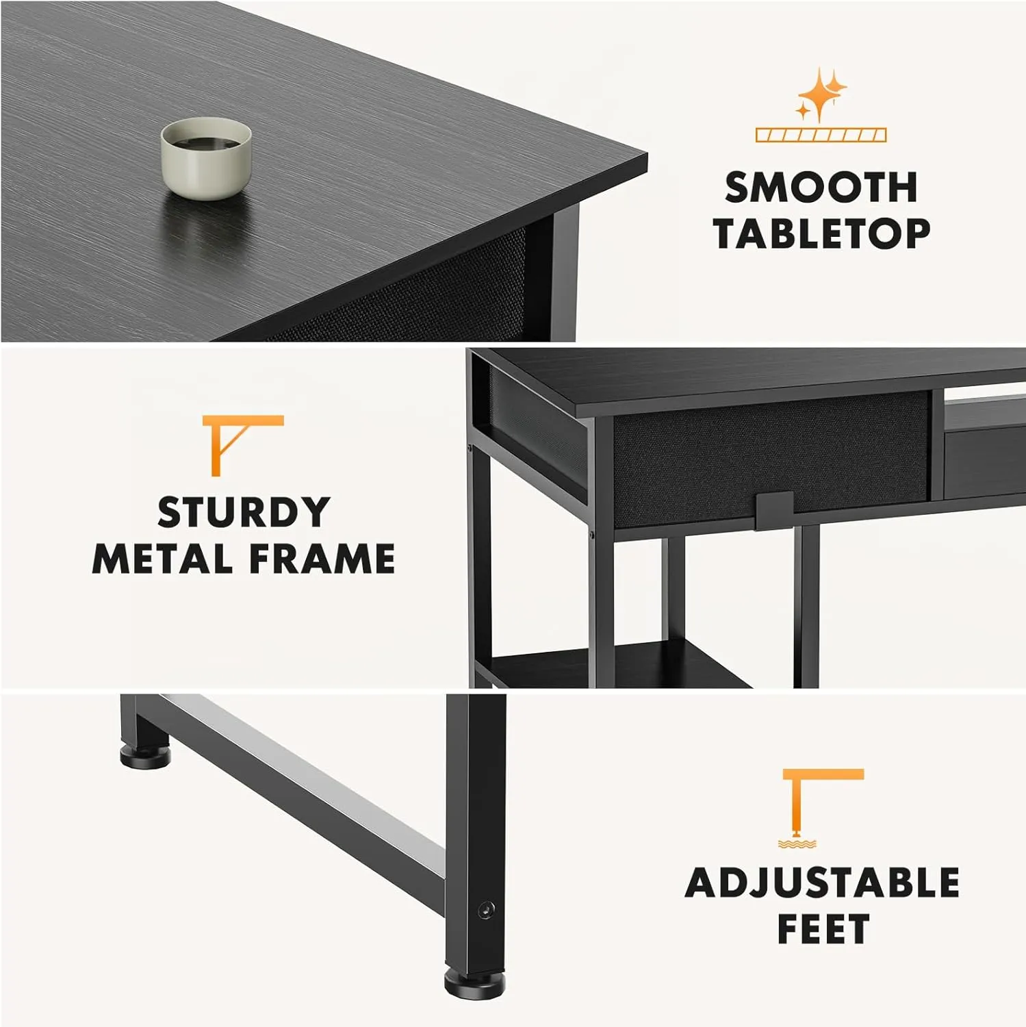 Sweetcrispy Computer Desk - 48 Inch Home Office Bedroom Writing Study PC Table with Fabric Drawers Storage Shelves Space Side Bag Headphone Hook Metal Frame Adjustable Feet, Black