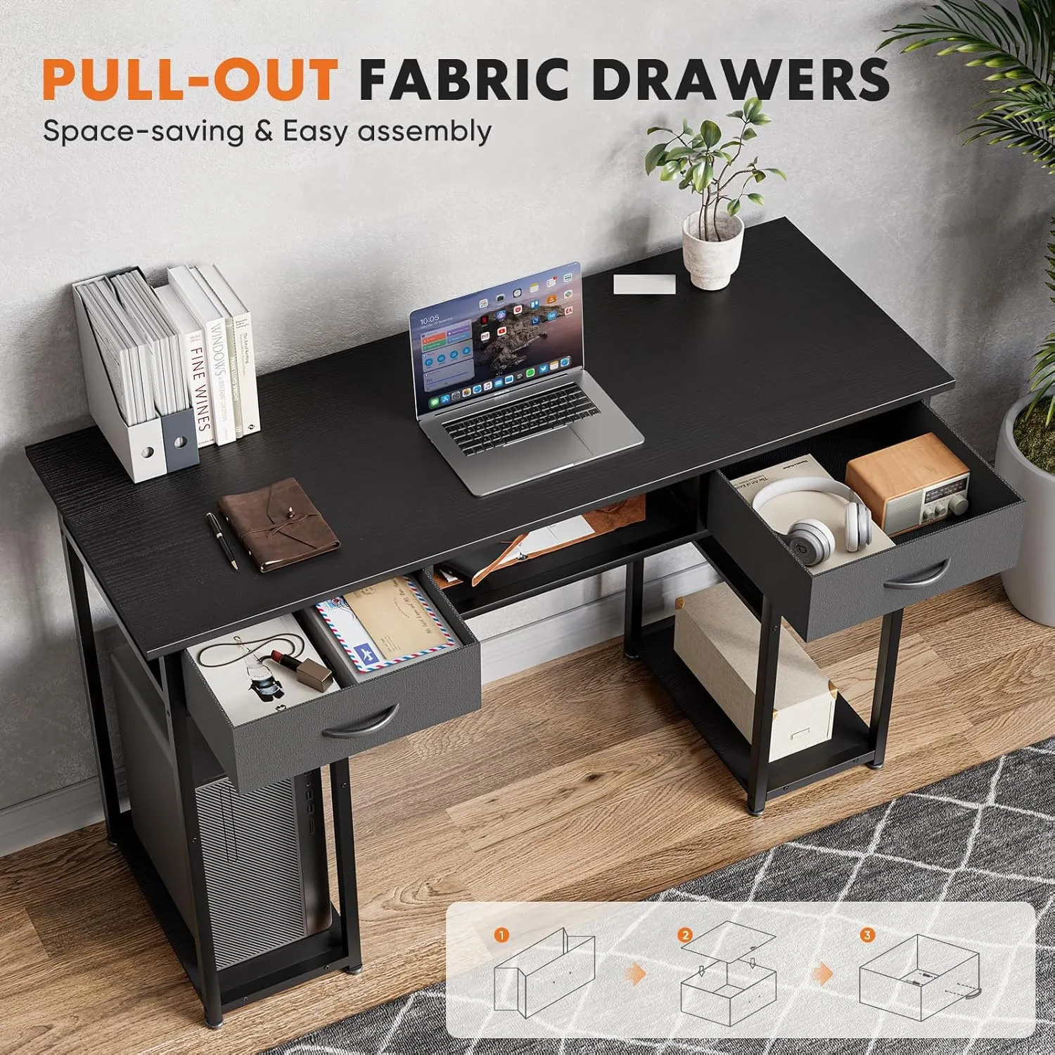 Sweetcrispy Computer Desk - 48 Inch Home Office Bedroom Writing Study PC Table with Fabric Drawers Storage Shelves Space Side Bag Headphone Hook Metal Frame Adjustable Feet, Black