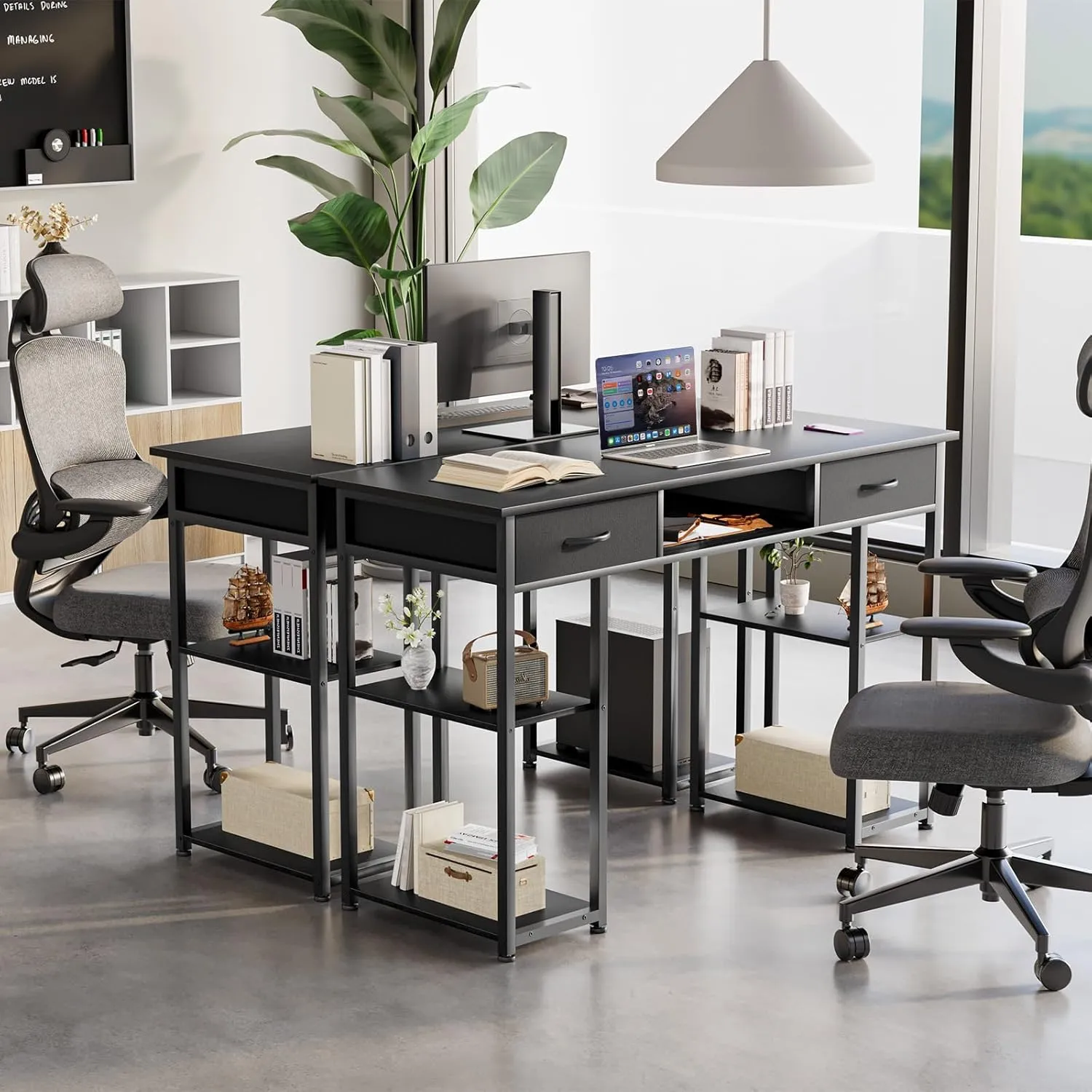 Sweetcrispy Computer Desk - 48 Inch Home Office Bedroom Writing Study PC Table with Fabric Drawers Storage Shelves Space Side Bag Headphone Hook Metal Frame Adjustable Feet, Black