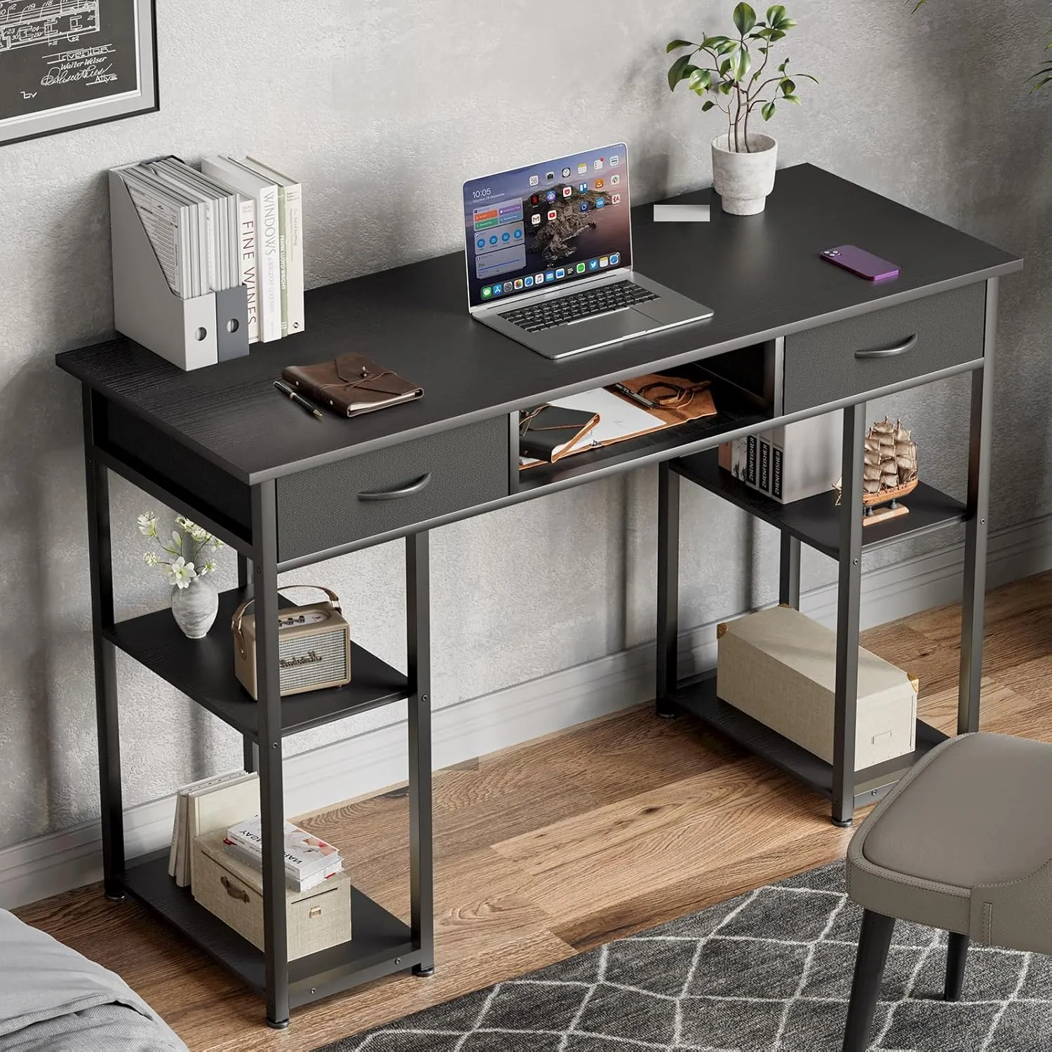 Sweetcrispy Computer Desk - 48 Inch Home Office Bedroom Writing Study PC Table with Fabric Drawers Storage Shelves Space Side Bag Headphone Hook Metal Frame Adjustable Feet, Black