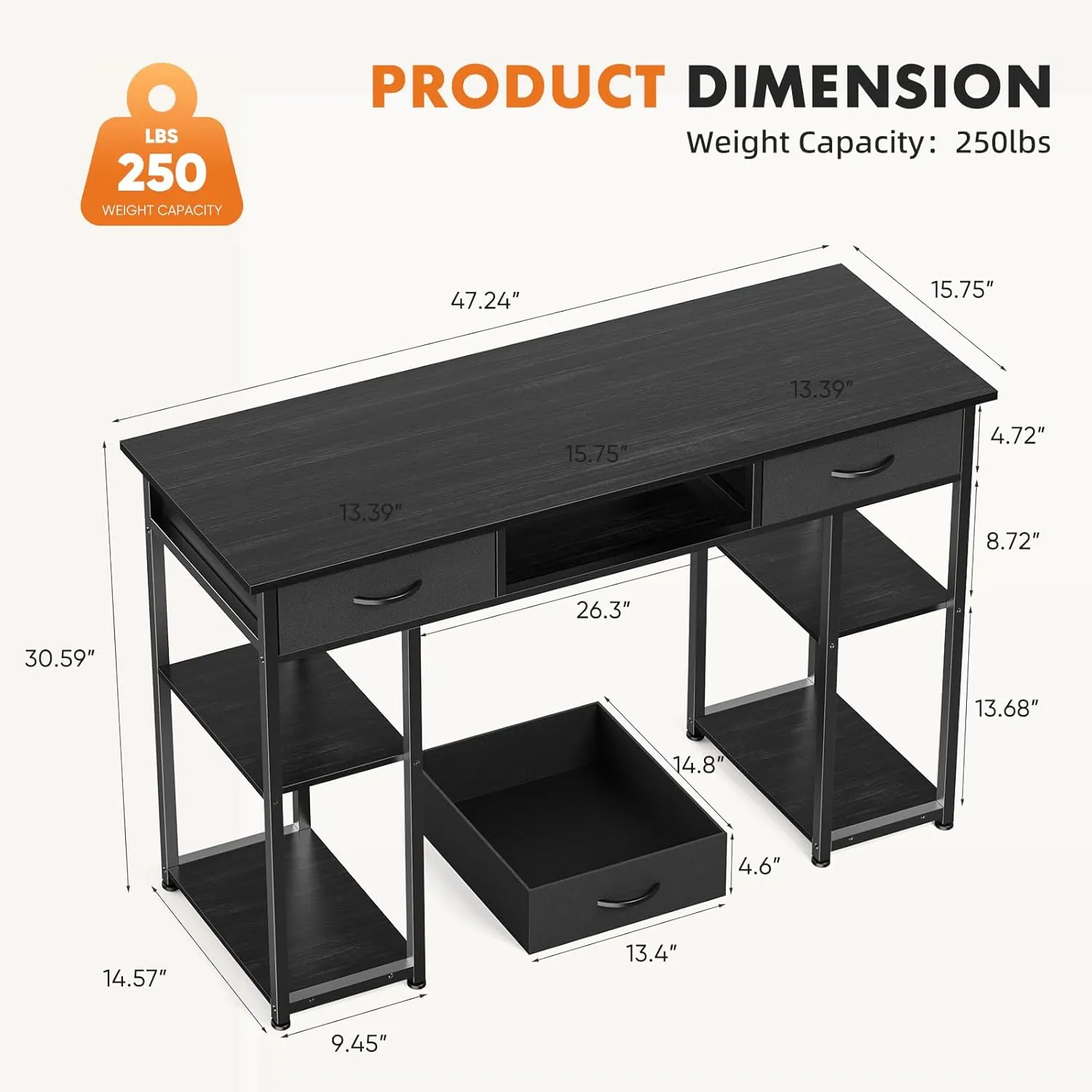 Sweetcrispy Computer Desk - 48 Inch Home Office Bedroom Writing Study PC Table with Fabric Drawers Storage Shelves Space Side Bag Headphone Hook Metal Frame Adjustable Feet, Black