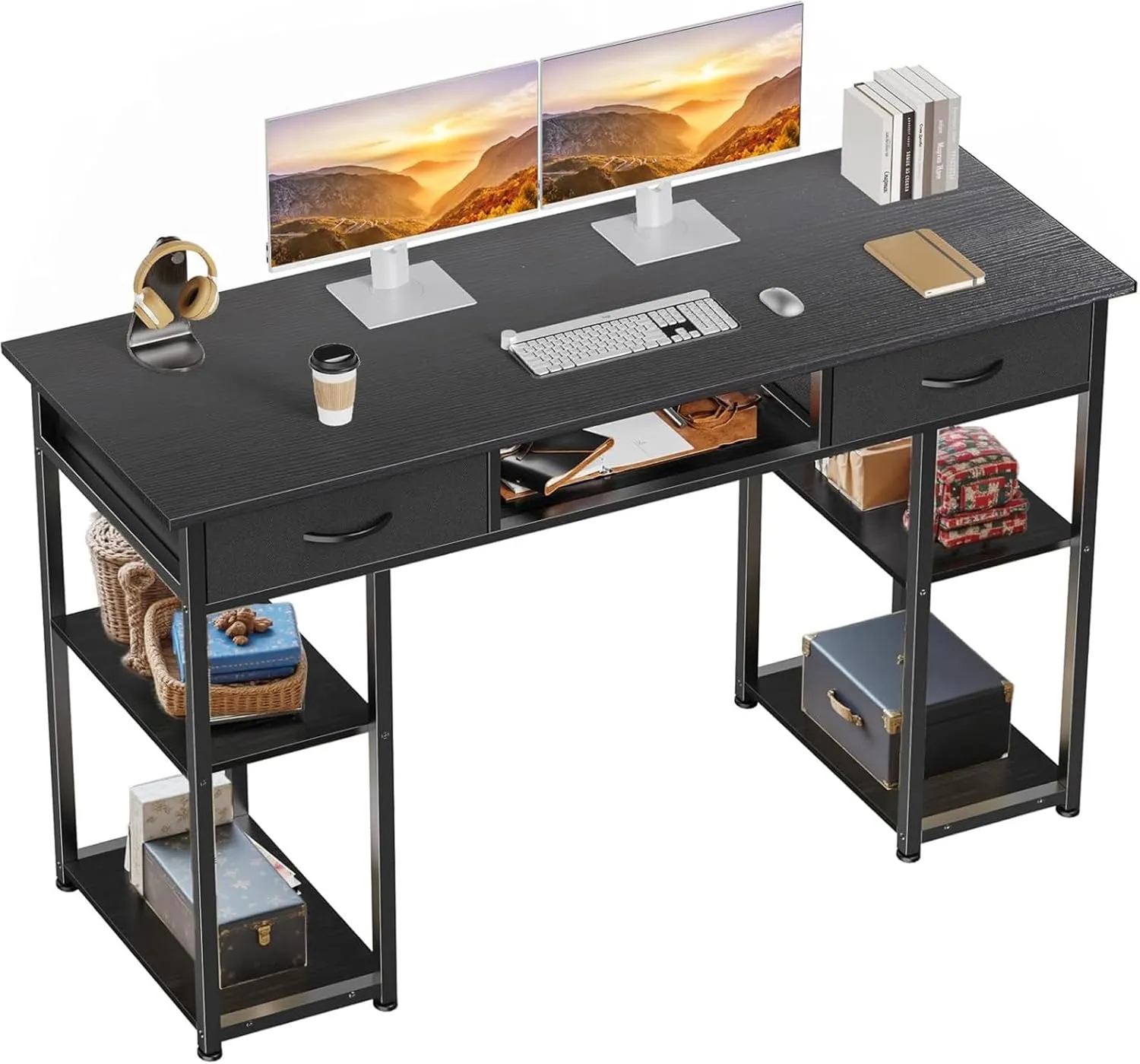 Sweetcrispy Computer Desk - 48 Inch Home Office Bedroom Writing Study PC Table with Fabric Drawers Storage Shelves Space Side Bag Headphone Hook Metal Frame Adjustable Feet, Black