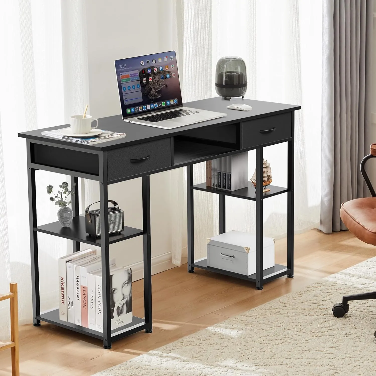 Sweetcrispy Computer Desk - 48 Inch Home Office Bedroom Writing Study PC Table with Fabric Drawers Storage Shelves Space Side Bag Headphone Hook Metal Frame Adjustable Feet, Black
