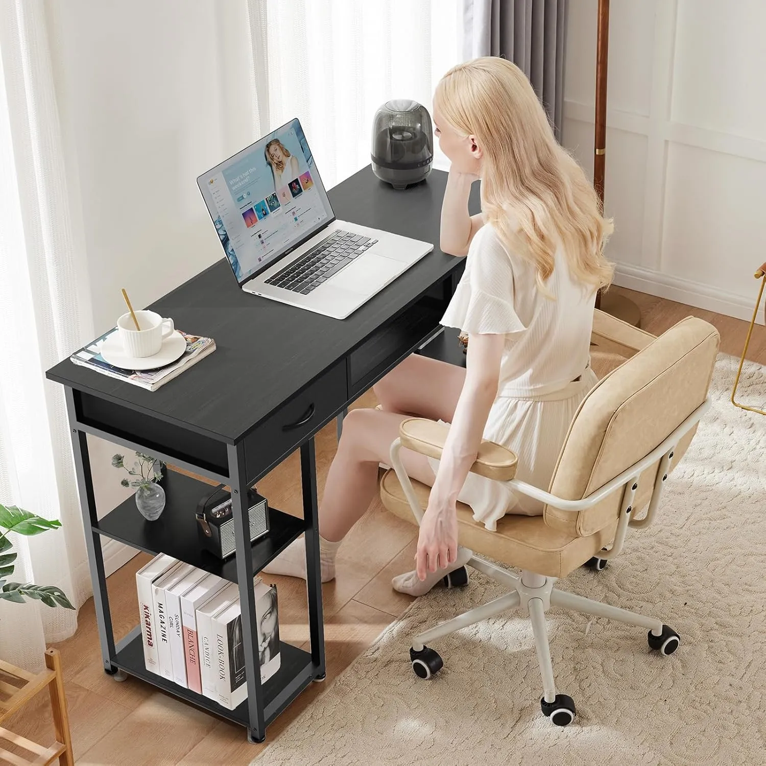 Sweetcrispy Computer Desk - 48 Inch Home Office Bedroom Writing Study PC Table with Fabric Drawers Storage Shelves Space Side Bag Headphone Hook Metal Frame Adjustable Feet, Black