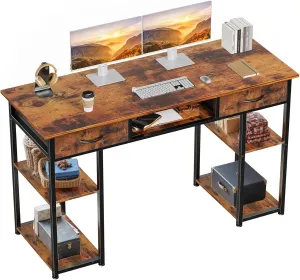 Sweetcrispy Computer Desk - 48 Inch Home Office Bedroom Writing Study PC Table with Fabric Drawers Storage Shelves Space Side Bag Headphone Hook Metal Frame Adjustable Feet, Rust Brown