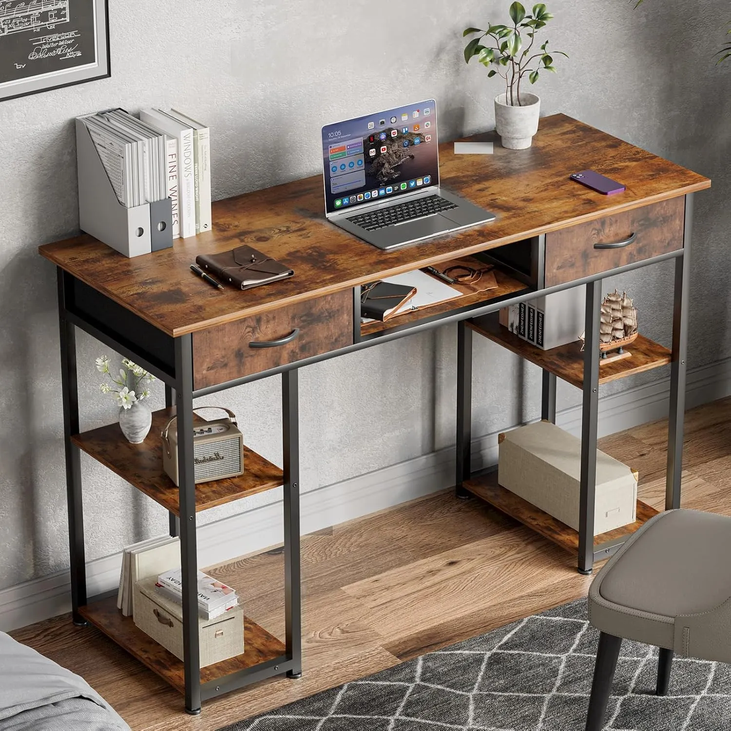 Sweetcrispy Computer Desk - 48 Inch Home Office Bedroom Writing Study PC Table with Fabric Drawers Storage Shelves Space Side Bag Headphone Hook Metal Frame Adjustable Feet, Rust Brown