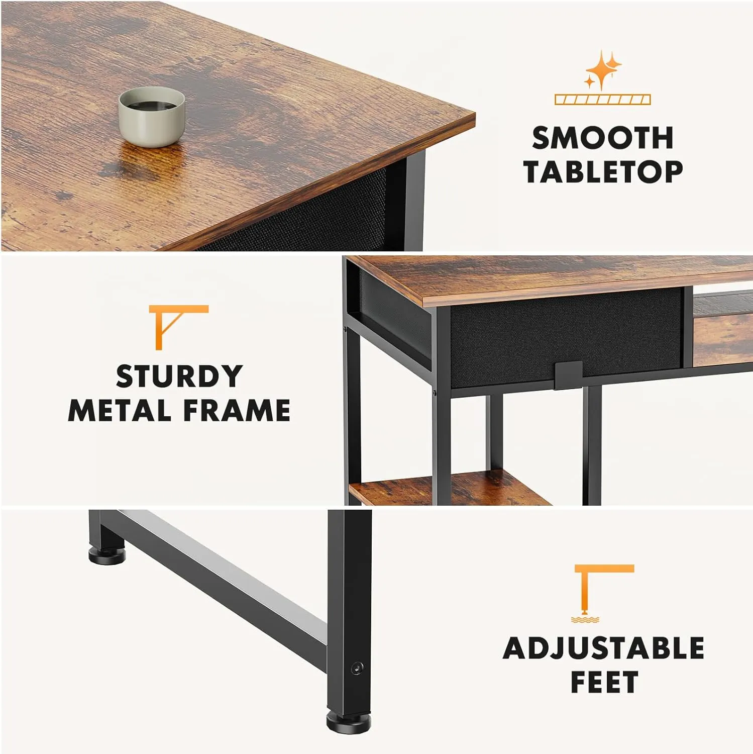 Sweetcrispy Computer Desk - 48 Inch Home Office Bedroom Writing Study PC Table with Fabric Drawers Storage Shelves Space Side Bag Headphone Hook Metal Frame Adjustable Feet, Rust Brown
