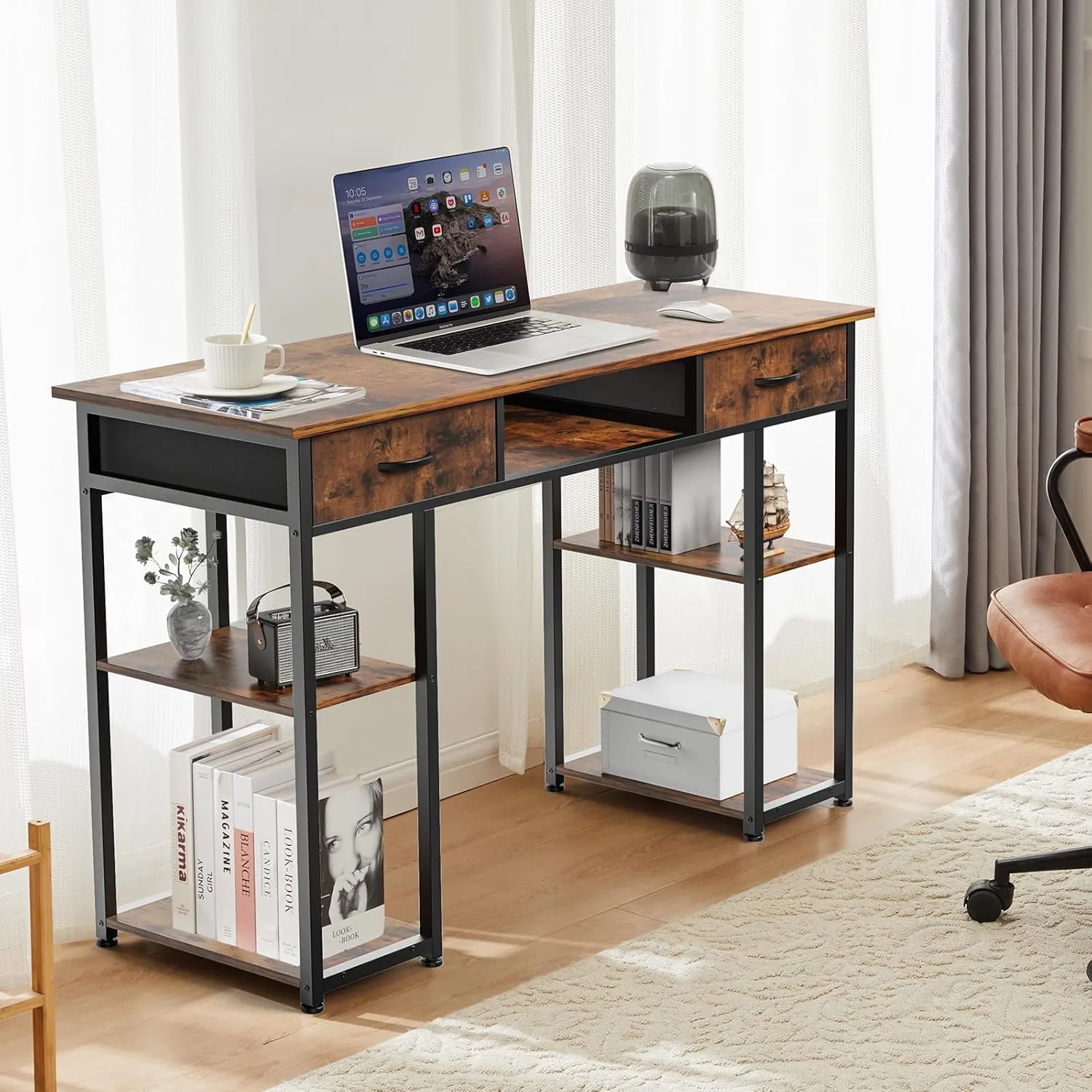 Sweetcrispy Computer Desk - 48 Inch Home Office Bedroom Writing Study PC Table with Fabric Drawers Storage Shelves Space Side Bag Headphone Hook Metal Frame Adjustable Feet, Rust Brown