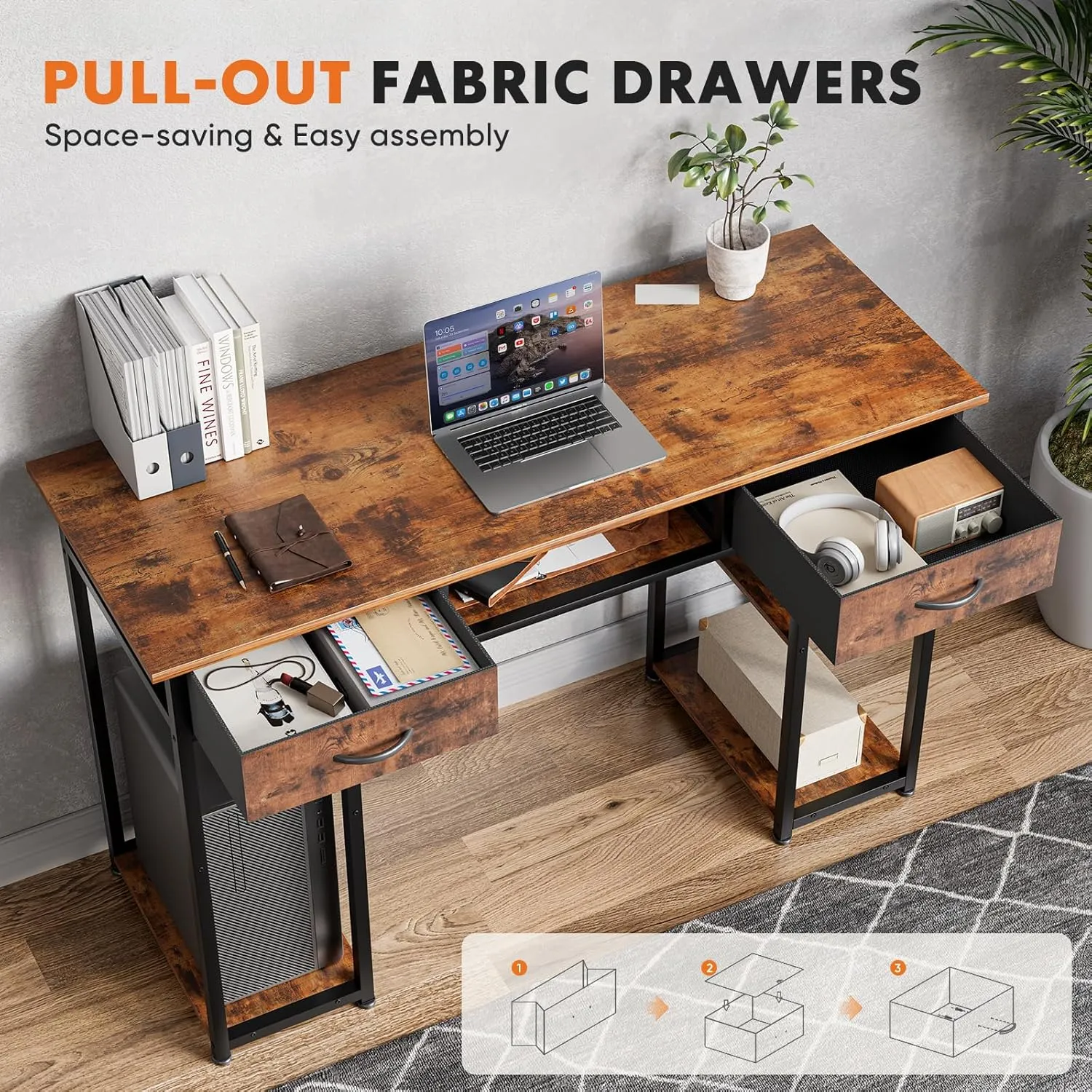 Sweetcrispy Computer Desk - 48 Inch Home Office Bedroom Writing Study PC Table with Fabric Drawers Storage Shelves Space Side Bag Headphone Hook Metal Frame Adjustable Feet, Rust Brown