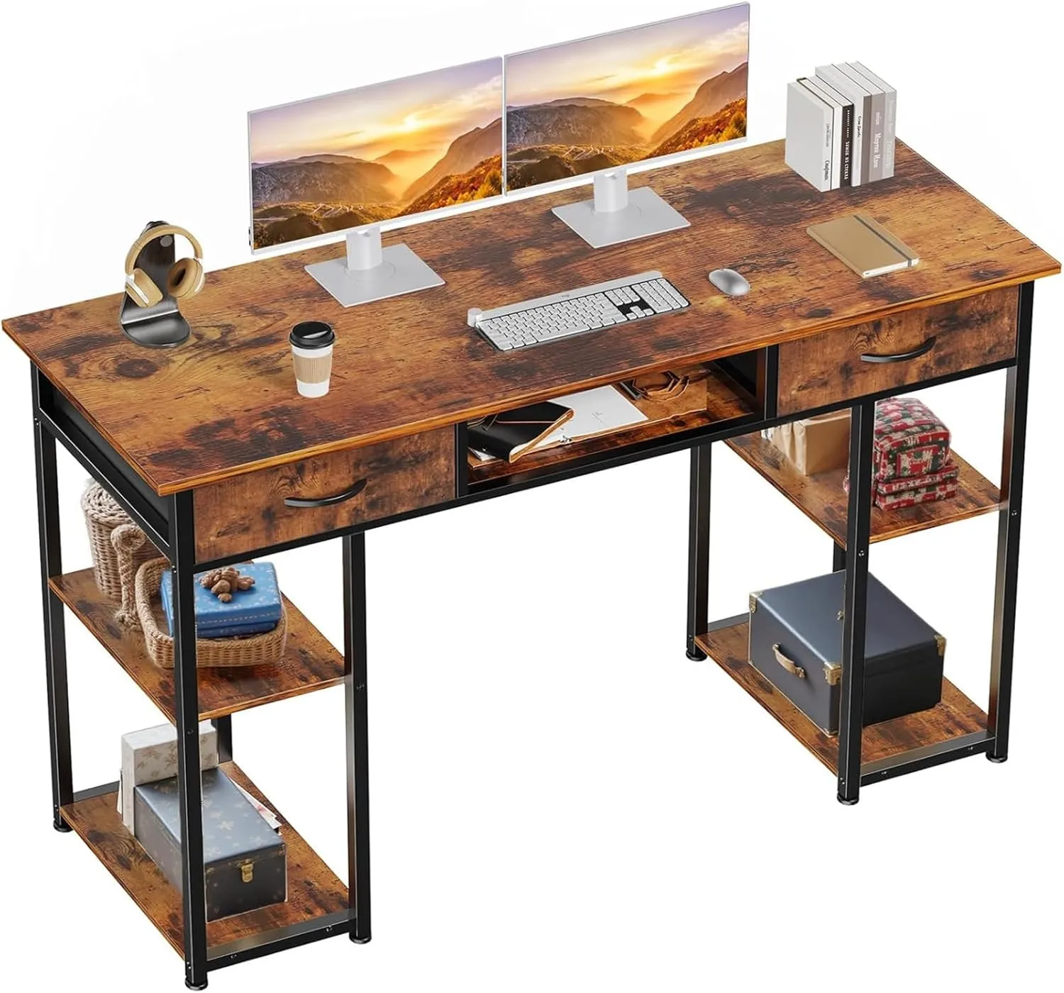 Sweetcrispy Computer Desk - 48 Inch Home Office Bedroom Writing Study PC Table with Fabric Drawers Storage Shelves Space Side Bag Headphone Hook Metal Frame Adjustable Feet, Rust Brown