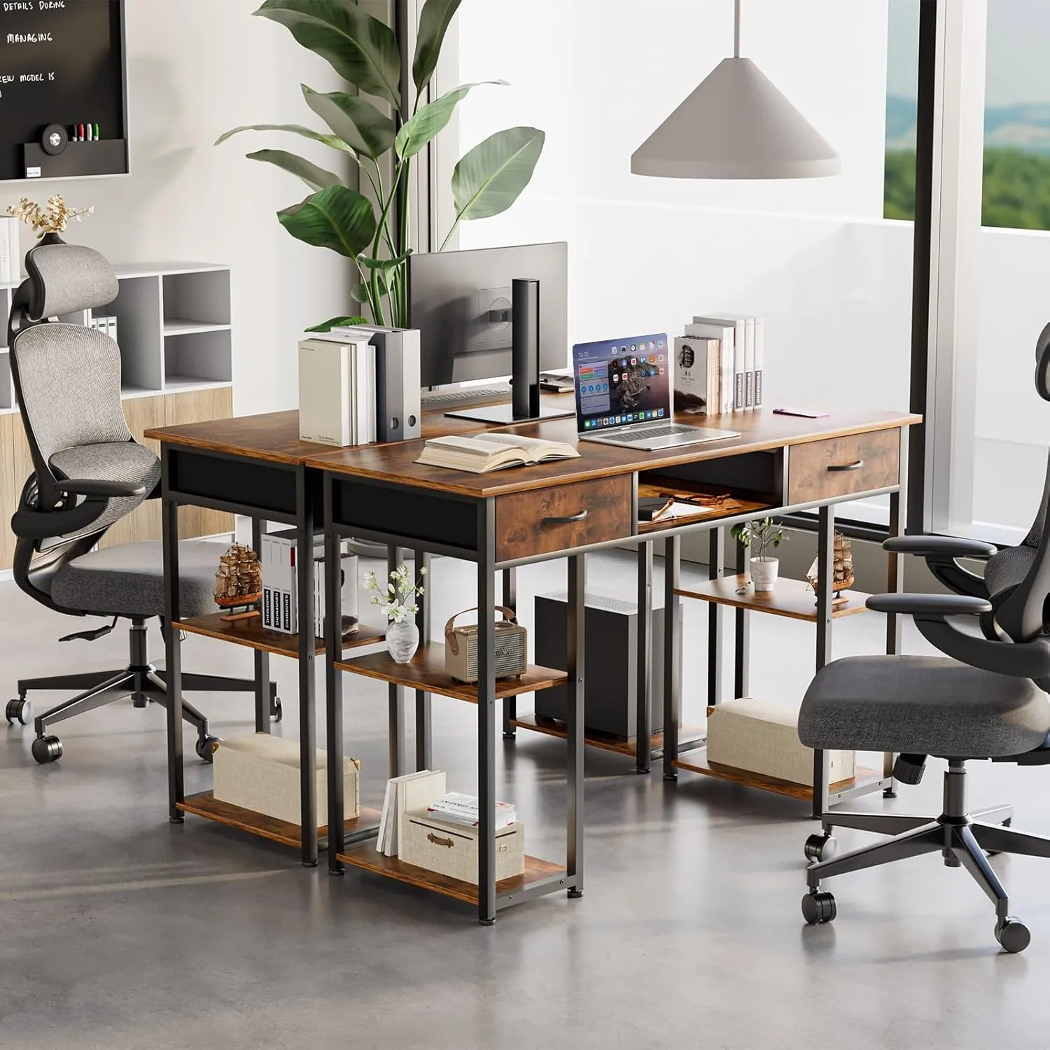 Sweetcrispy Computer Desk - 48 Inch Home Office Bedroom Writing Study PC Table with Fabric Drawers Storage Shelves Space Side Bag Headphone Hook Metal Frame Adjustable Feet, Rust Brown