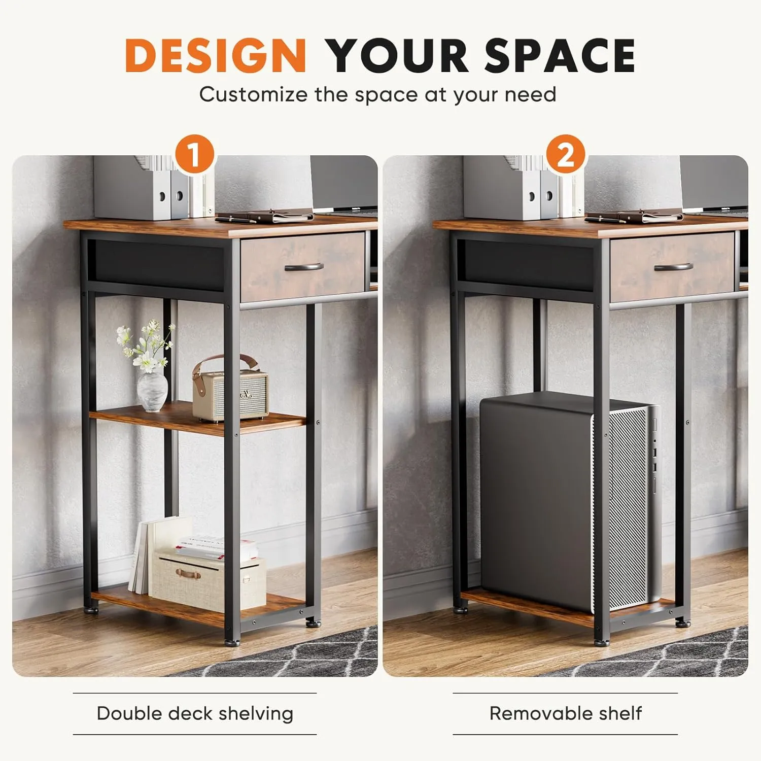 Sweetcrispy Computer Desk - 48 Inch Home Office Bedroom Writing Study PC Table with Fabric Drawers Storage Shelves Space Side Bag Headphone Hook Metal Frame Adjustable Feet, Rust Brown