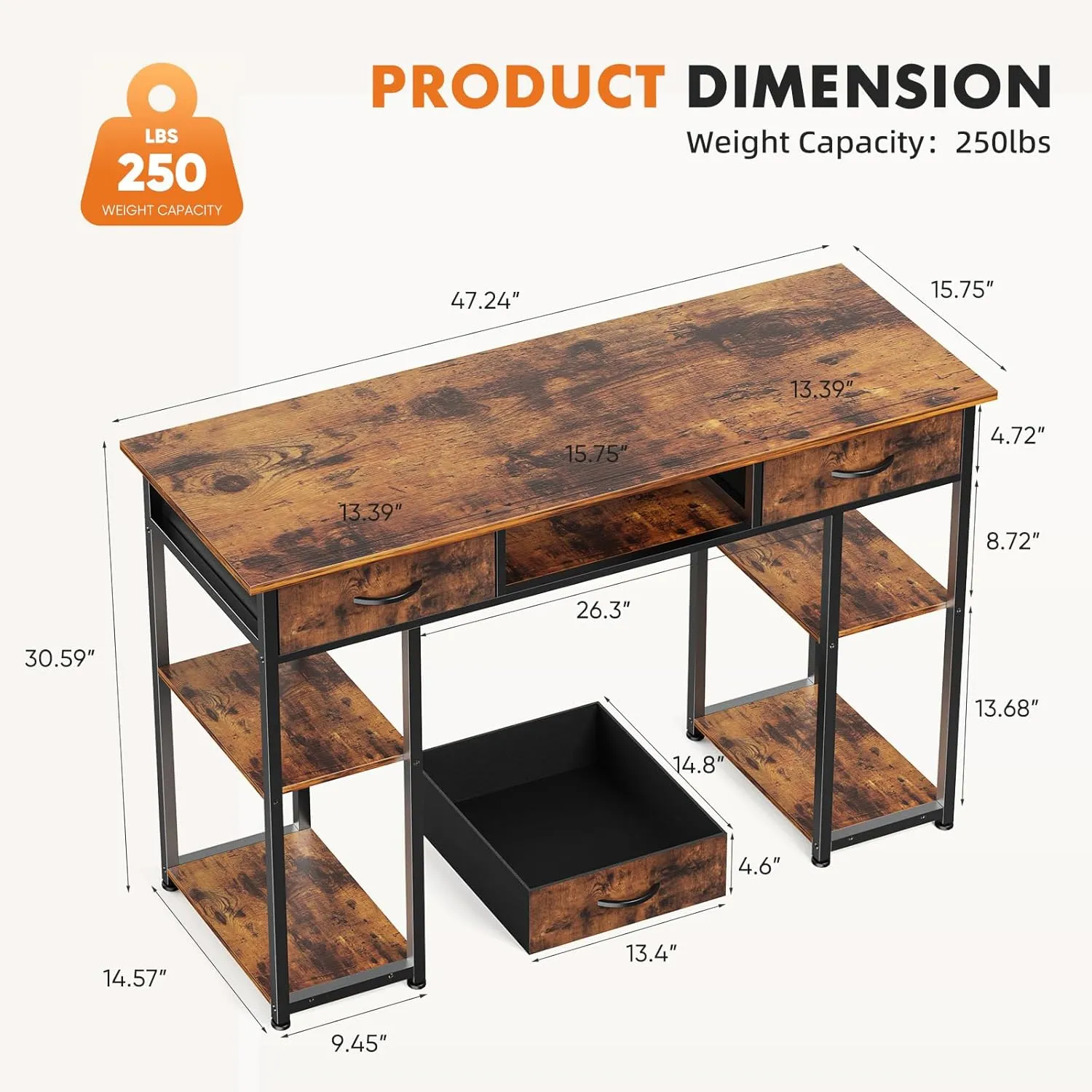 Sweetcrispy Computer Desk - 48 Inch Home Office Bedroom Writing Study PC Table with Fabric Drawers Storage Shelves Space Side Bag Headphone Hook Metal Frame Adjustable Feet, Rust Brown