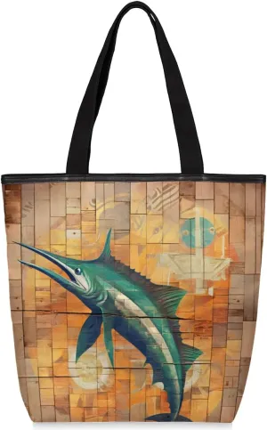 Swordfish Canvas Tote Bag for Women Ocean Swordfish Shoulder Bag Canvas Handbags Purse with Zipper Pockets College Book Tote Bag Work Totebag