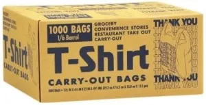 T-Shirt Carry-Out Bags - 1000 Count - 1/6 Barrel 11 1/2 x 6 1/2 x 22 in (29.2 x 16.5 x 55.9 cm) - .491 mil (12.5 pm) - 100% Recyclable Plastic