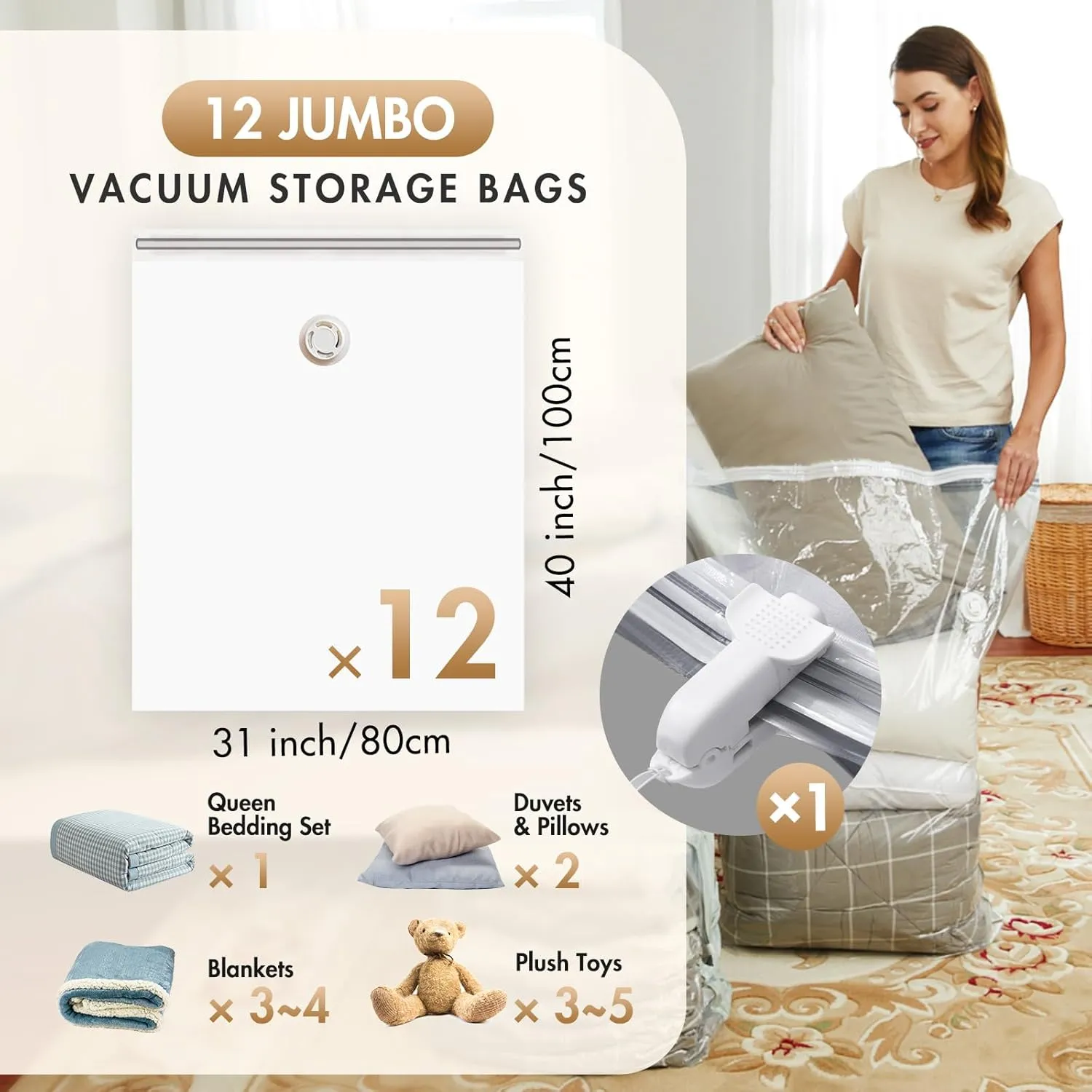TAILI 12 Pack Vacuum Storage Bags, Jumbo Vacuum Seal Bags for Clothing (40x31 Inch), Space Saver for Bulky Comforter Blankets, Bedding, Pillows, Clothes, Saving More Closet Space