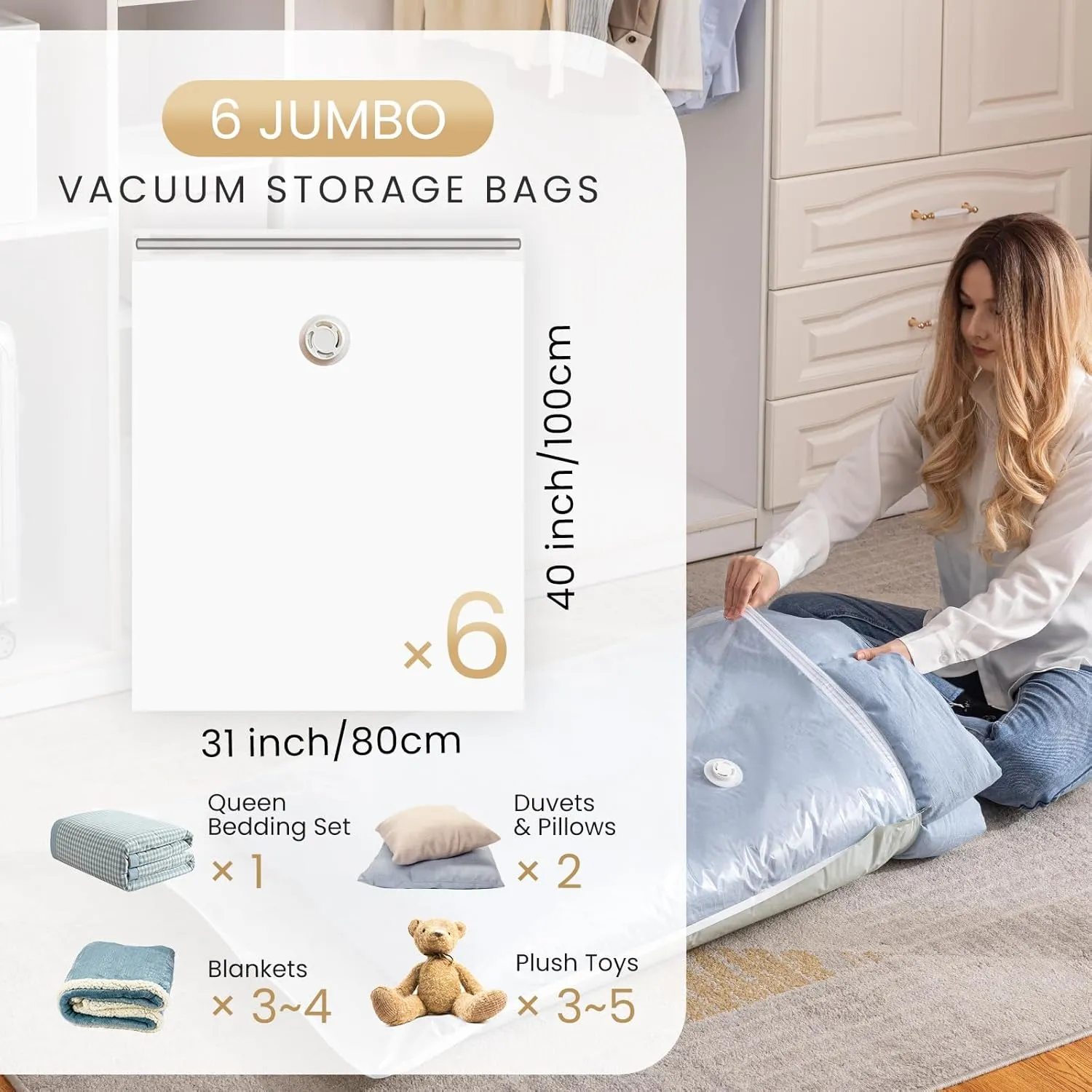 TAILI 6 Pack Vacuum Storage Bags, Jumbo Vacuum Seal Bags for Clothing (40x31 Inch), Large Space Saver for Clothes, Pillows, Bedding, Sweater, Closet Organization