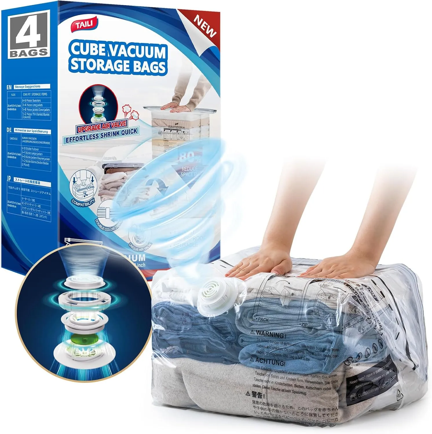 TAILI Cube Travel Vacuum Storage Bags 4 Pack, Medium Size (25x19x11 inch), Reusable Space Saver Compression Bags for Travel Suitcases and Luggage