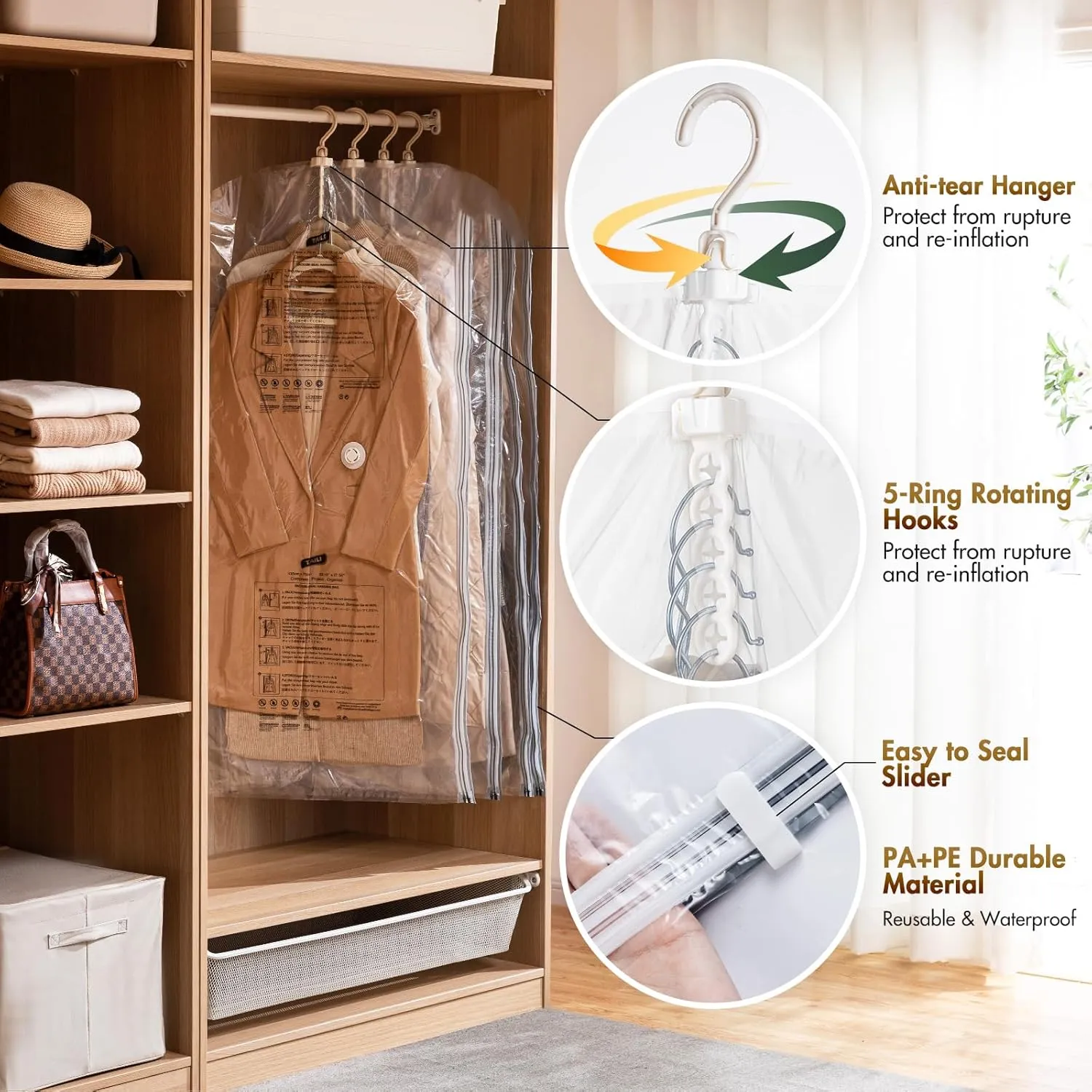 TAILI Hanging Vacuum Sealer Storage Space Saver Bags for Clothes, Suits, Coats or Jackets, 4 Pack Jumbo 53x27.6 Inches, Clear