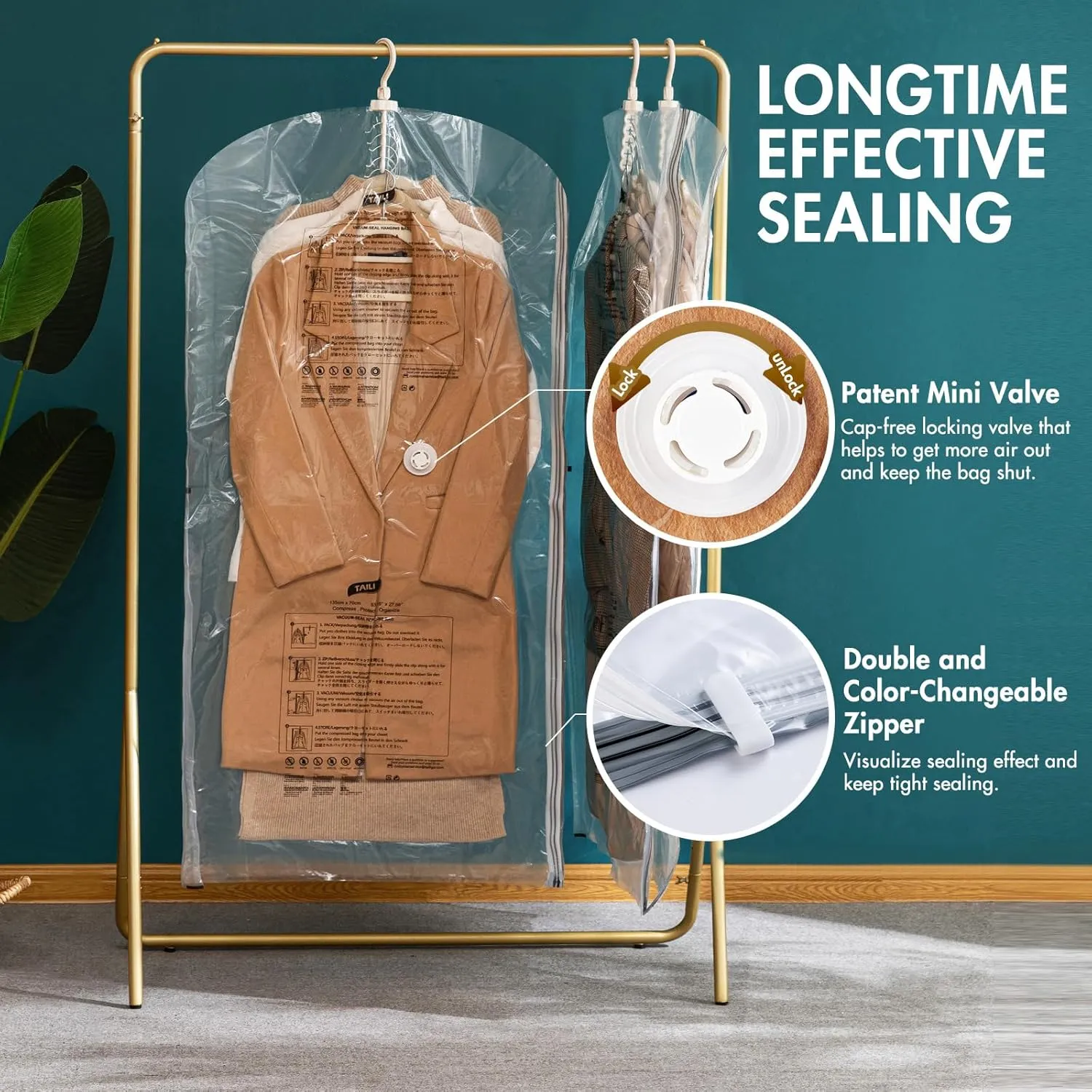 TAILI Hanging Vacuum Sealer Storage Space Saver Bags for Clothes, Suits, Coats or Jackets, 4 Pack Jumbo 53x27.6 Inches, Clear