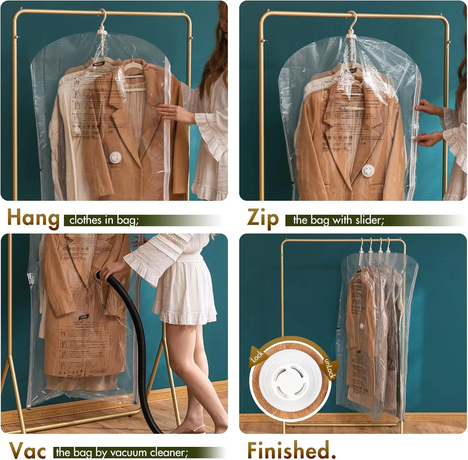 TAILI Hanging Vacuum Sealer Storage Space Saver Bags for Clothes, Suits, Coats or Jackets, 4 Pack Jumbo 53x27.6 Inches, Clear