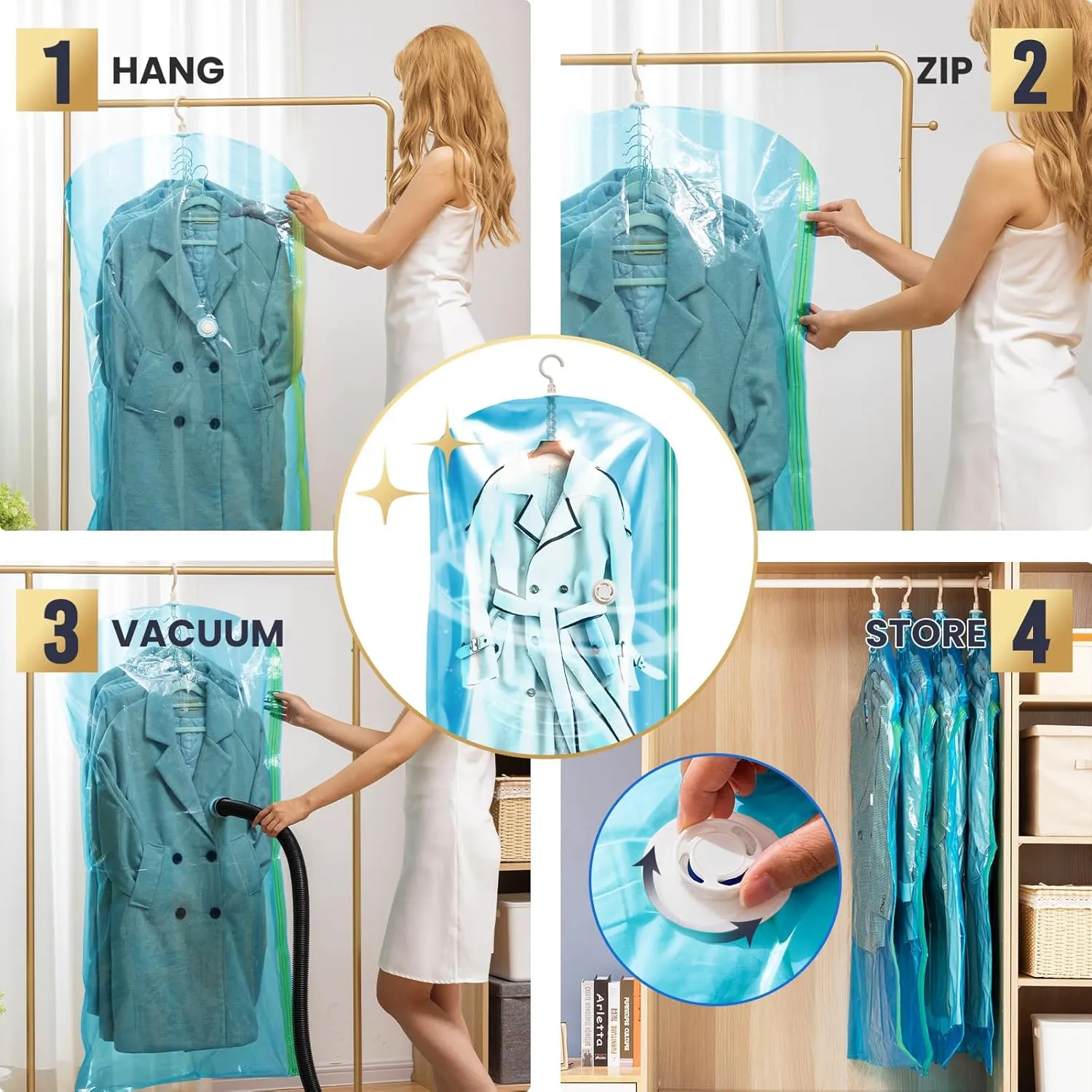TAILI Hanging Vacuum Storage Sealer Space Saver Bags for Clothes, Suits, Coats or Jackets, Closet Organizer, 4 Pack Jumbo Blue