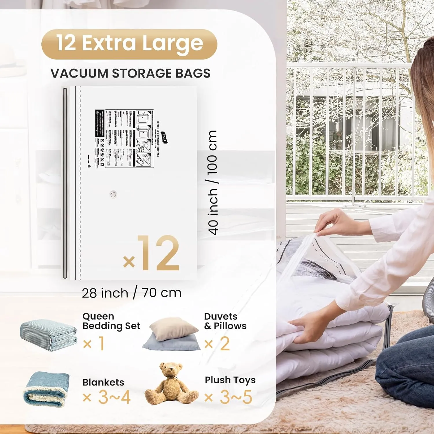 TAILI LONG SIDE ZIP 12 Pack Jumbo Vacuum Storage Bags, Space Saver for Bedding, Towels, Blankets, Pillows, Clothes, Vacuum Seal Bags for Clothing Ideal Under Bed Storage Solution, 40x28 inch