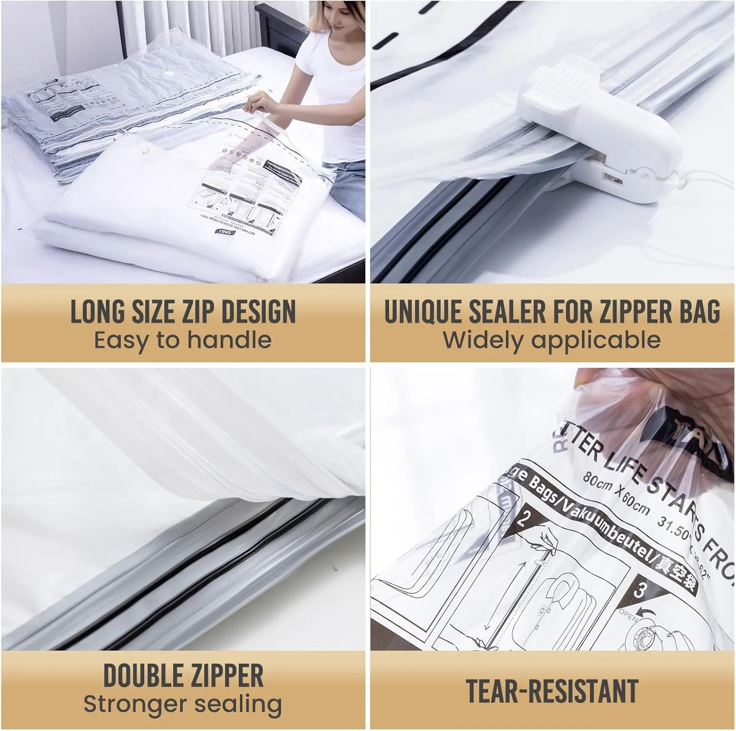 TAILI LONG SIDE ZIP 12 Pack Jumbo Vacuum Storage Bags, Space Saver for Bedding, Towels, Blankets, Pillows, Clothes, Vacuum Seal Bags for Clothing Ideal Under Bed Storage Solution, 40x28 inch