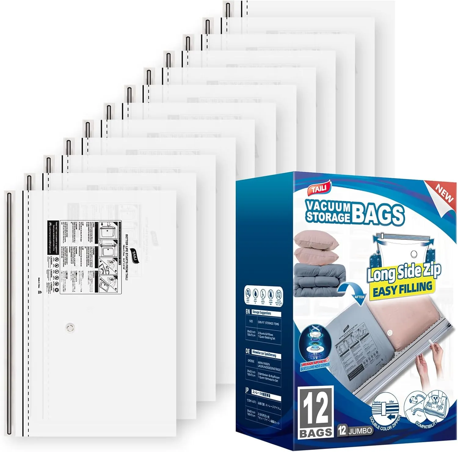 TAILI LONG SIDE ZIP 12 Pack Jumbo Vacuum Storage Bags, Space Saver for Bedding, Towels, Blankets, Pillows, Clothes, Vacuum Seal Bags for Clothing Ideal Under Bed Storage Solution, 40x28 inch