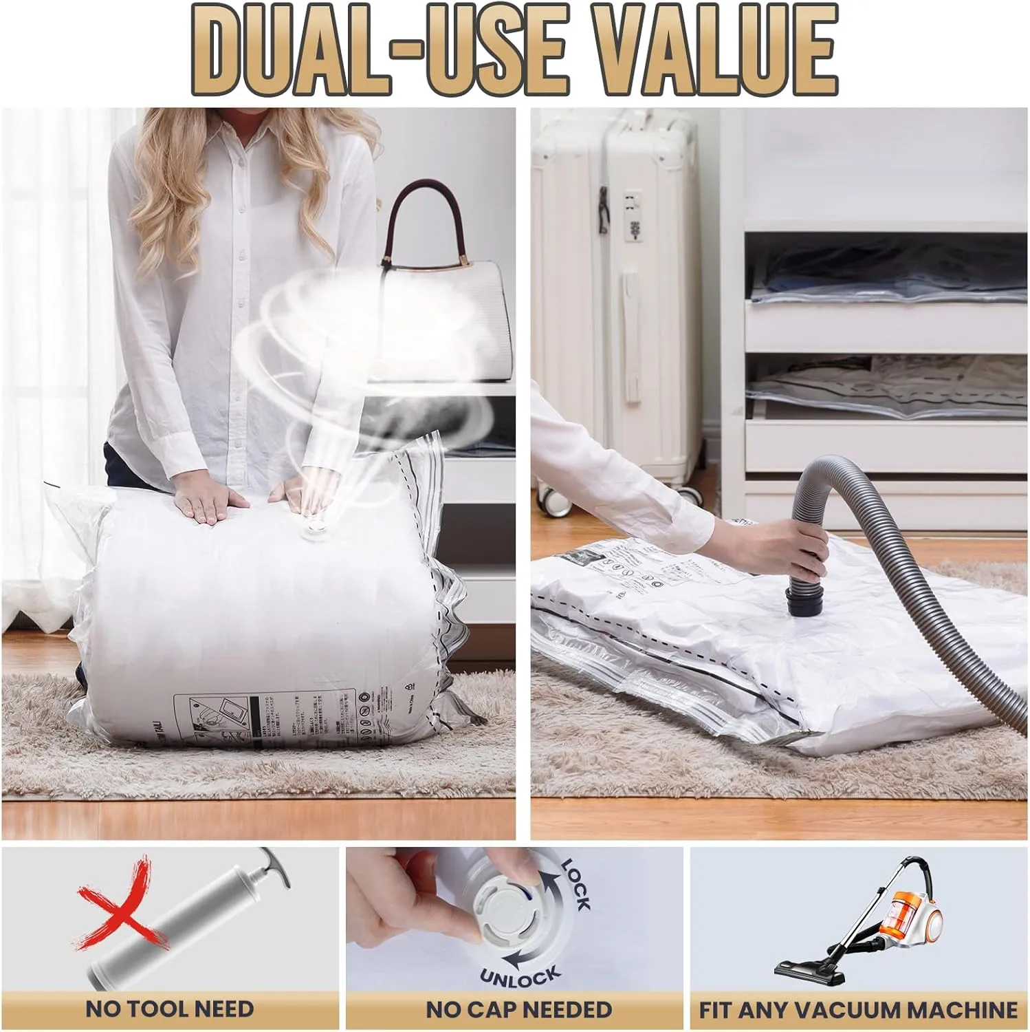 TAILI LONG SIDE ZIP 4 Pack Vacuum Storage Bags, Space Saver for Bedding, Towels, Blankets, Pillows, Clothes, Vacuum Seal Bags for Clothing Ideal Under Bed Storage Solution, 2 Large 2 Jumbo