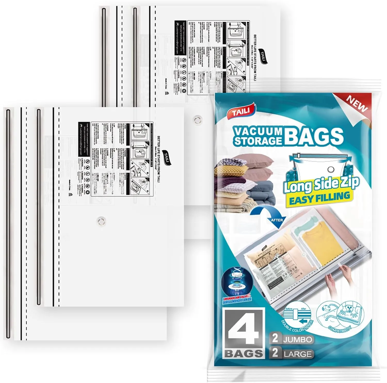 TAILI LONG SIDE ZIP 4 Pack Vacuum Storage Bags, Space Saver for Bedding, Towels, Blankets, Pillows, Clothes, Vacuum Seal Bags for Clothing Ideal Under Bed Storage Solution, 2 Large 2 Jumbo