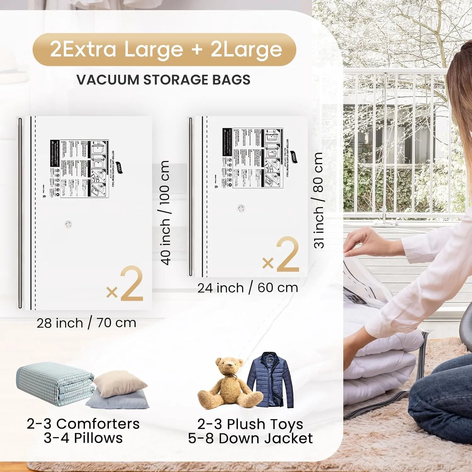 TAILI LONG SIDE ZIP 4 Pack Vacuum Storage Bags, Space Saver for Bedding, Towels, Blankets, Pillows, Clothes, Vacuum Seal Bags for Clothing Ideal Under Bed Storage Solution, 2 Large 2 Jumbo