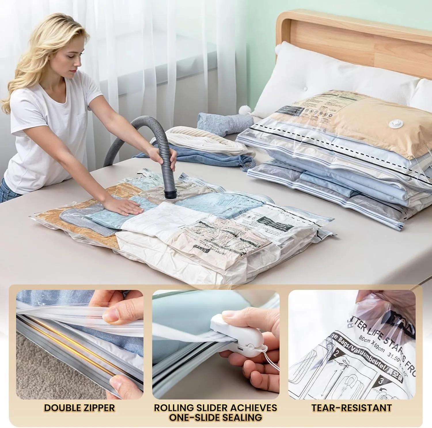 TAILI LONG SIDE ZIP 8 Pack Vacuum Storage Bags, Multi-Size Vacuum Seal Bags for Clothing (4 Large 4 Jumbo), Storage Bulky Beddings, Blankets and Clothes, Space Saver for Closet Organization