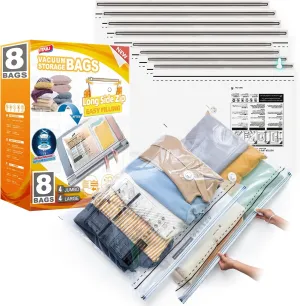 TAILI LONG SIDE ZIP 8 Pack Vacuum Storage Bags, Multi-Size Vacuum Seal Bags for Clothing (4 Large 4 Jumbo), Storage Bulky Beddings, Blankets and Clothes, Space Saver for Closet Organization