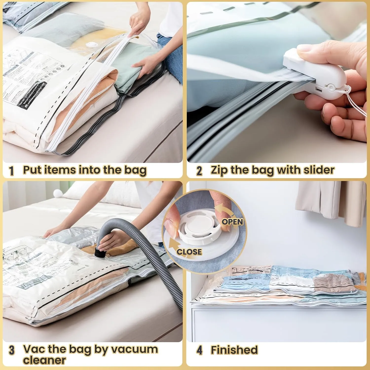 TAILI LONG SIDE ZIP 8 Pack Vacuum Storage Bags, Multi-Size Vacuum Seal Bags for Clothing (4 Large 4 Jumbo), Storage Bulky Beddings, Blankets and Clothes, Space Saver for Closet Organization