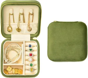 TAIMY Travel Jewelry Case, Small Plush Velvet Jewelry Box for Women and Girls, Mini Portable Jewelry holder organizer for Rings Earrings Necklaces Bracelets(Avocado Green)