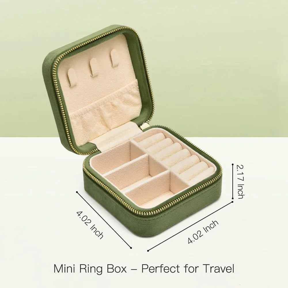 TAIMY Travel Jewelry Case, Small Plush Velvet Jewelry Box for Women and Girls, Mini Portable Jewelry holder organizer for Rings Earrings Necklaces Bracelets(Avocado Green)