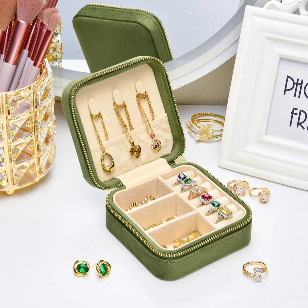 TAIMY Travel Jewelry Case, Small Plush Velvet Jewelry Box for Women and Girls, Mini Portable Jewelry holder organizer for Rings Earrings Necklaces Bracelets(Avocado Green)