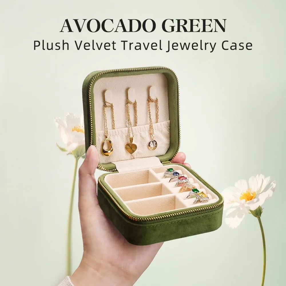 TAIMY Travel Jewelry Case, Small Plush Velvet Jewelry Box for Women and Girls, Mini Portable Jewelry holder organizer for Rings Earrings Necklaces Bracelets(Avocado Green)