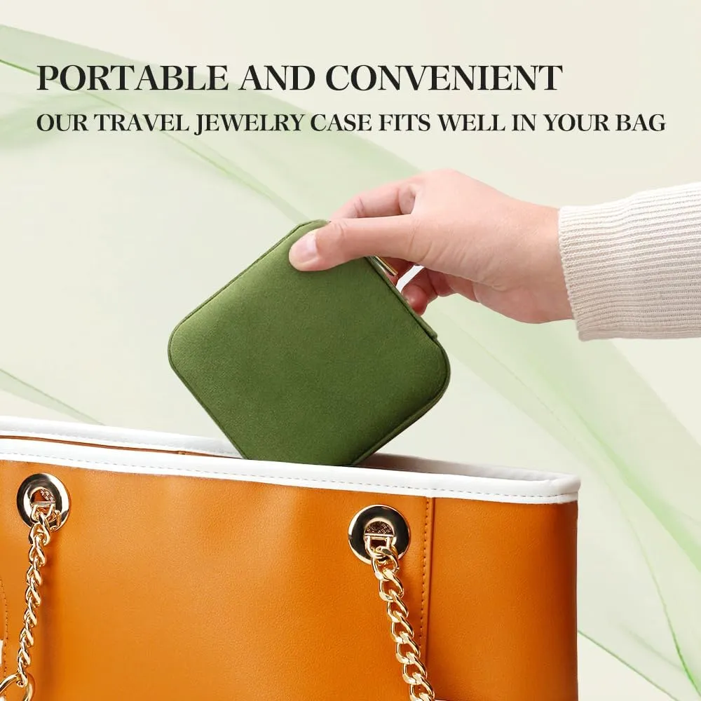 TAIMY Travel Jewelry Case, Small Plush Velvet Jewelry Box for Women and Girls, Mini Portable Jewelry holder organizer for Rings Earrings Necklaces Bracelets(Avocado Green)
