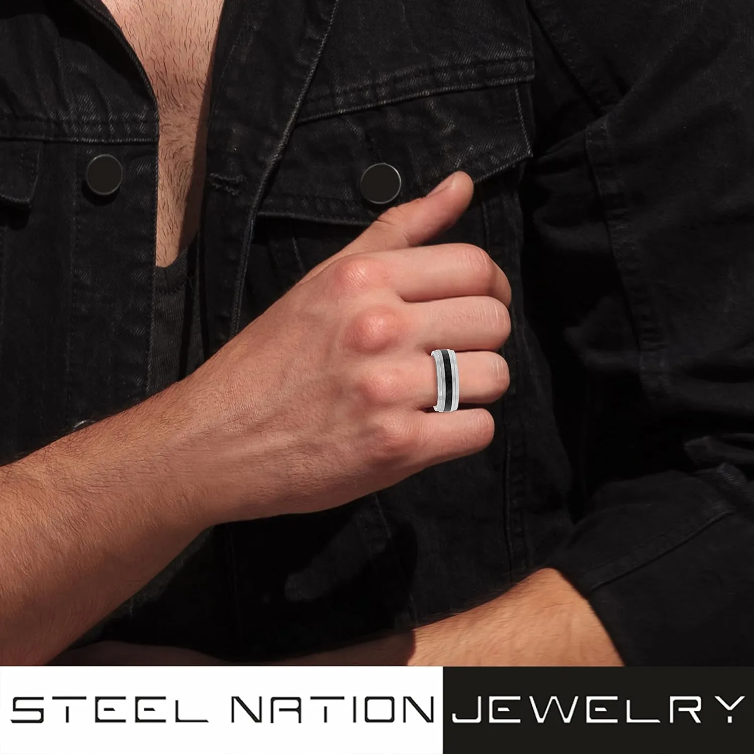 Tantalum Carbide 8mm Silver Tone Satin Finish with Black Carbon Fiber Center and Step Edge Wedding Band, Mens Ring