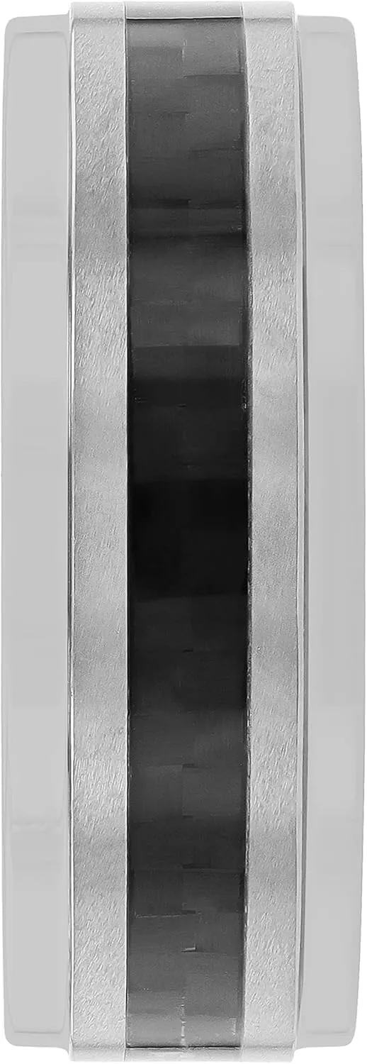 Tantalum Carbide 8mm Silver Tone Satin Finish with Black Carbon Fiber Center and Step Edge Wedding Band, Mens Ring