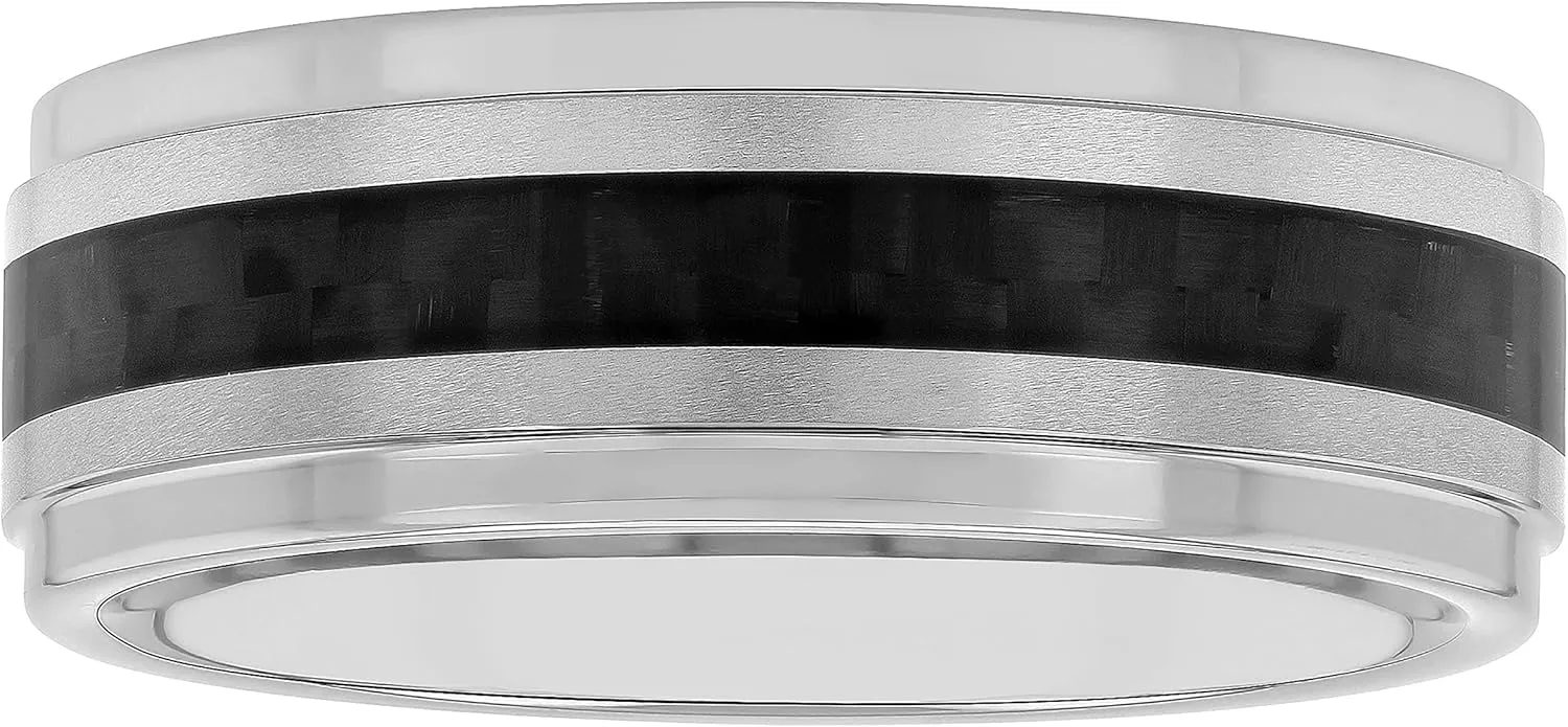 Tantalum Carbide 8mm Silver Tone Satin Finish with Black Carbon Fiber Center and Step Edge Wedding Band, Mens Ring